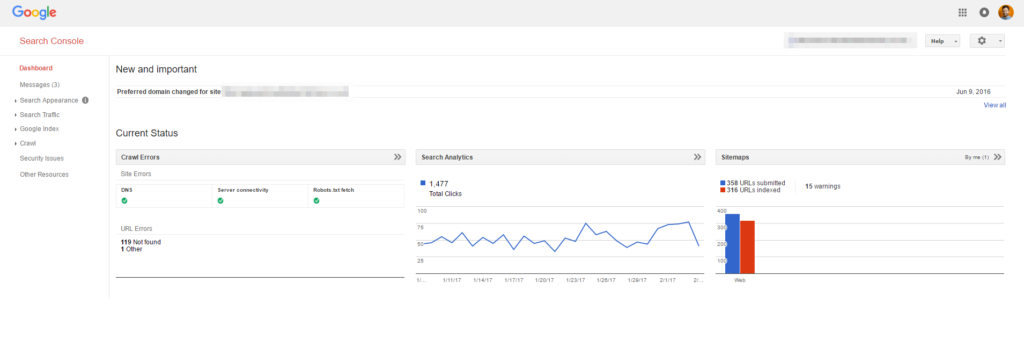 Dashboard in Google Search Console