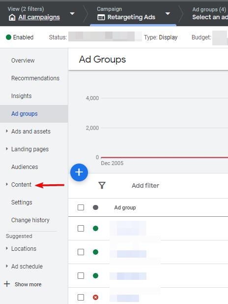 Content tab within Google Ads