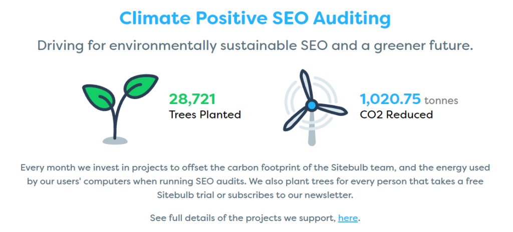 Sitebulb's climate positive page