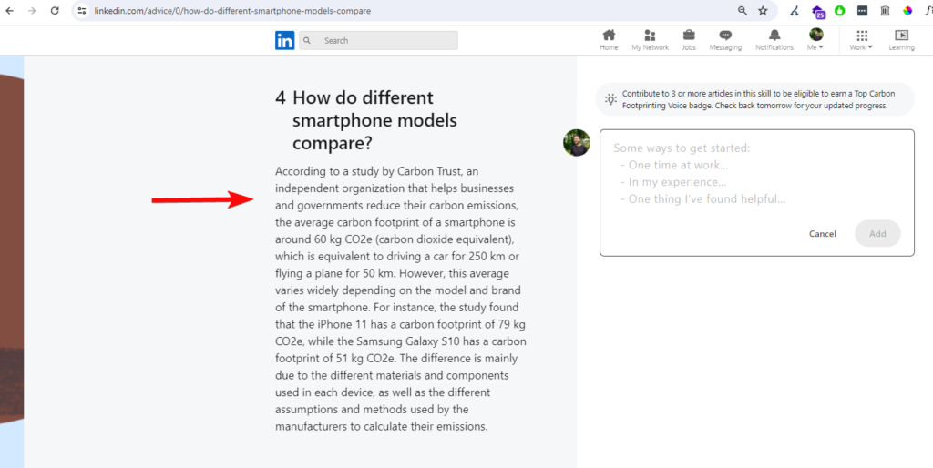 LinkedIn article screenshot about the Carbon Trust study