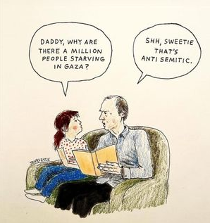 Drawing of a girl sat reading a book with her dad - the girl asks why there are a million people starting in Gaza and the dad says shh sweetie that's anti semitic.