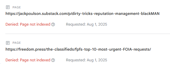 Denied: page not indexed status from Google