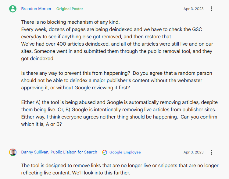 Screenshot of the Google webmaster forum thread on this tool and its abuse.